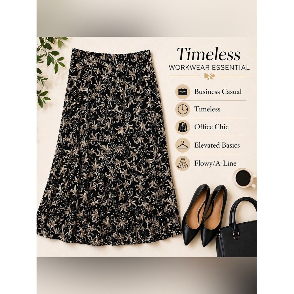 SJS XL Black Tan Scroll Print Midi Skirt Elastic Waist Flowy Workwear